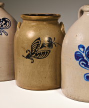 Edmunds & Co., Salt glazed stoneware jugs and jar with cobalt slip-tailed decoration. 14 x 8 in. (jugs), 13 x 8 in. (jar). Photo by Joseph Szalay.