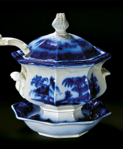 Podemore, Walker & Co., Flow blue sauce tureen, 1845-1860. 7.5 x 7 in. Manilla pattern. Photo by Joseph Szalay.
