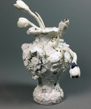 Hannah Walters, “Vase with Two Flowers,” 7.75″x 6″x12″, porcelain and crank clay with tin glaze