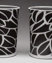 Coffee Cups 4.5 inches tall. 2007. Stoneware, inlaid black slip, stretched slabs, Cone 10 reduction.