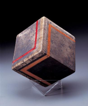 Harriet Brisson Cube Striped in Half, 1989. Raku; 6 in. sq. 46th Concorso Internazionale, della Ceramica D'Arte, Faenza, Italy. From Brisson's 50NOW retrospective exhibition catalog.