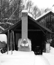 Magnusson's kiln and shed in winter.