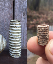 Left: Crinoid Vase, 2017. Wild clay and Nuka glaze; wood-fired. Right: Crinoid fossil found near Dalglish’s childhood home in southern Indiana. 