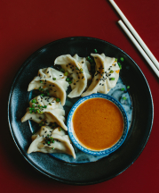 Bowl by Caitlynn Lancaster with dumplings and dipping sauce. Photograph by Andrew Thomas Lee, 2015.