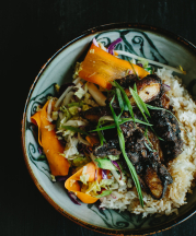 Bowl by Emily Cline with black bean chicken. Photograph by Andrew Thomas Lee, 2015.