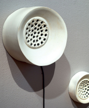 Nicole Gugliotti. Awe/Agency, detail, 2014. Porcelain, Stoneware, wood, paint, video projection, audio, monofilament. Full installation, 10 x 25 x 14 ft. Photo by Allen Cheuvront.