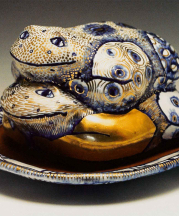 Frog Butter Dish, 2008. Terracotta, maiolica, luster, glass enamels.