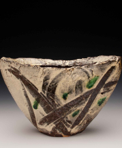 Naomi Dalglish. Shield Vase, 2016. Wild Clay, Bandana kaolin, Punchong glaze and copper; wood-fired. 10.5 x 3.5 x 7 in.