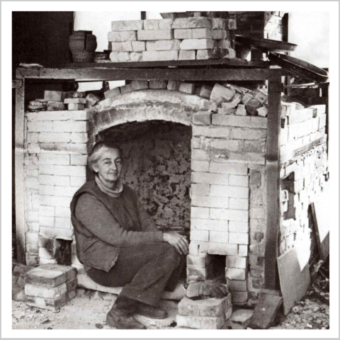Karen Karnes in front of her salt kiln, 1976. Karen Karnes in front of her salt kiln, 1976.