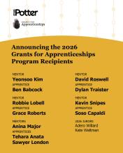 Graphic naming the 5 teams who received the 2026 Grants for Apprenticeships. Underneath the Studio Potter and GAP logos, black text appears on an arched yellow background.