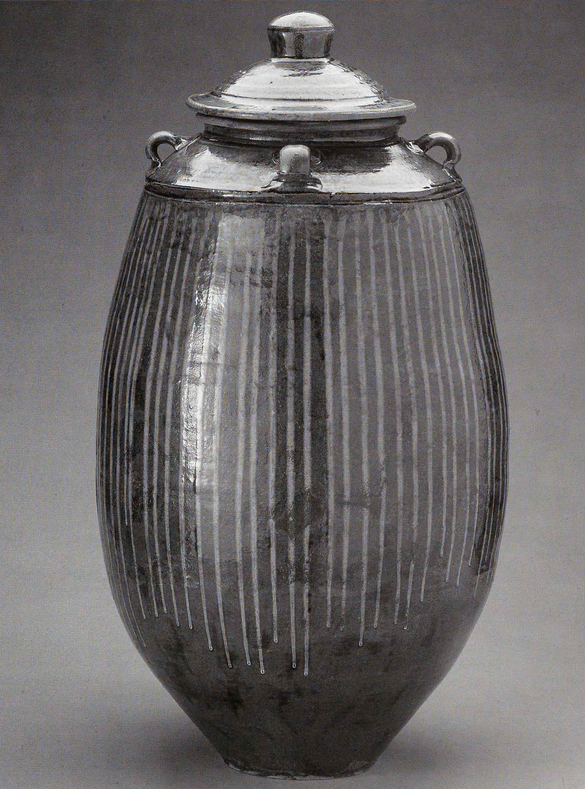 Grain Jar, March 2005. Cone 10 woodfired stoneware, ash glaze over porcelain and local clay slips. H 36&quot; x W 16&quot;. Photograph by VanZandenbergen.