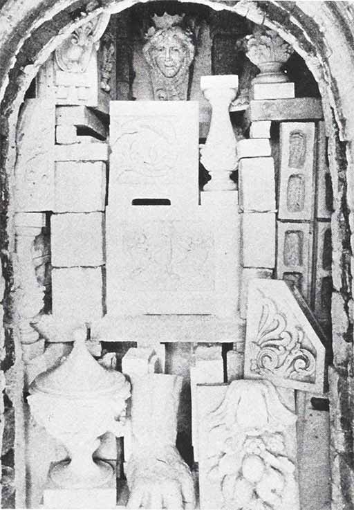 Turn-of-the-century photo of terra cotta stacked in a kiln at the New York Architectural Terra Cotta Company, Long Island, NY. 