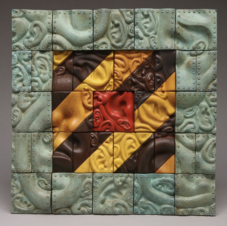 Echoes of a Million Unheard Screams, 2013, ceramic, glaze, stains, copper patina, 14.5 x 14.5 x 3. Photo courtesy of Richard Notkin.