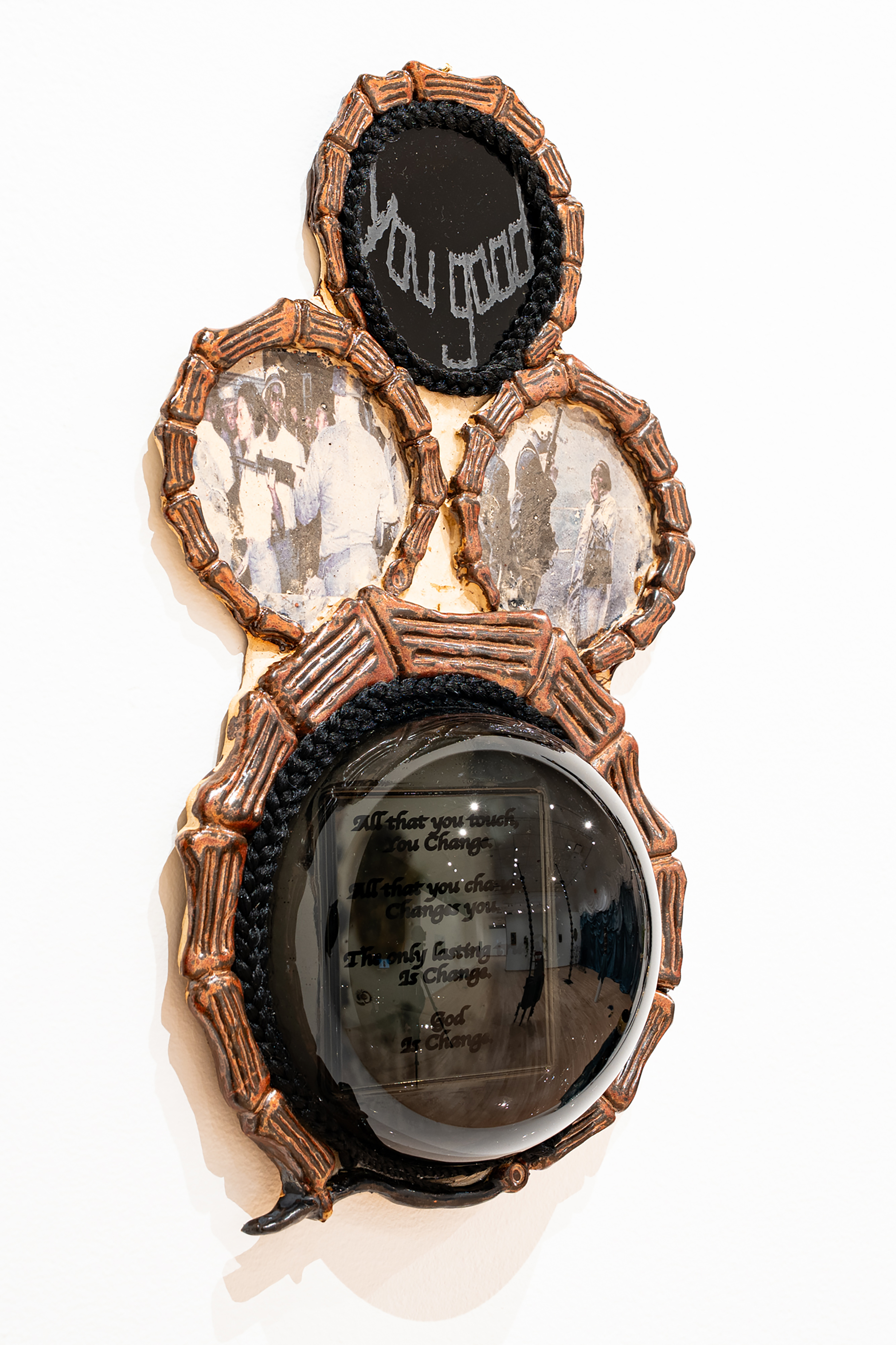 Angelique Scott, Translation: IWAMFW, 2025, clay, glaze, glass, metal, 19” x 11”