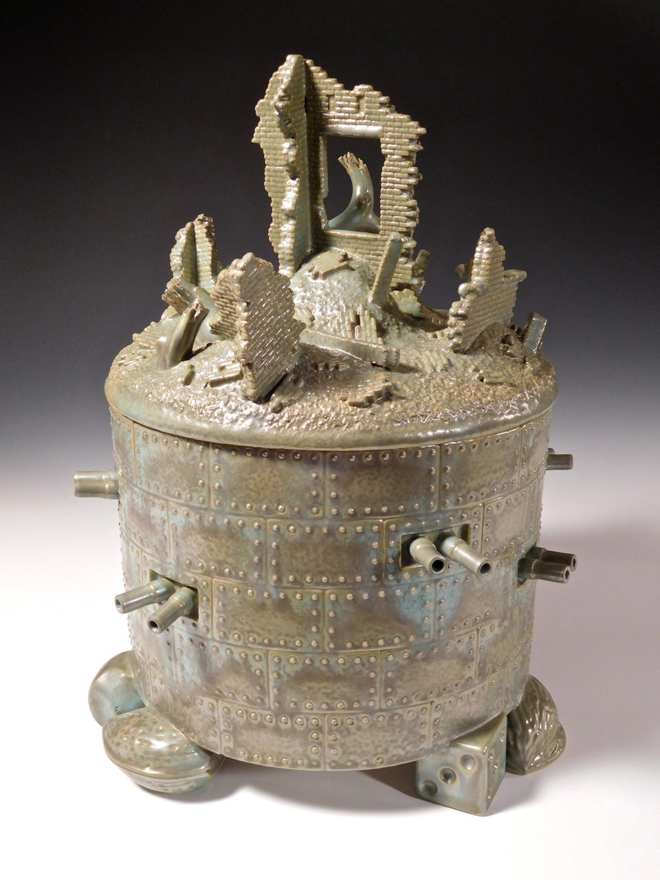 Yesterday, Today, and Tomorrow (Hill Jar Series), 2016, stoneware, glaze 15 x 11.75 x 11.75. Photo courtesy of Richard Notkin.