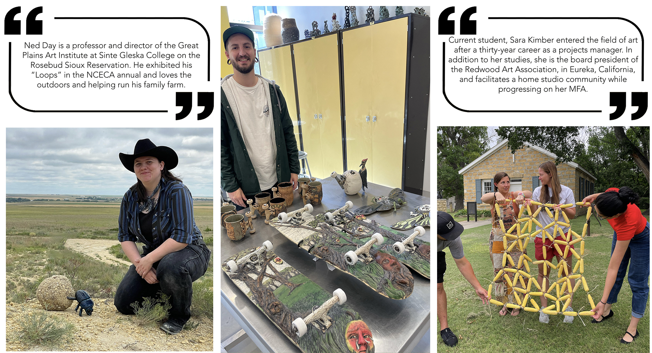 Left top: Linda Ganstrom's reflections. Left bottom: Rylie Hazelton. Center: Dylan Seeney, "Boards." Right top: Linda Ganstrom's reflections. Bottom right: Taylor Craiog and Cari Jean Nelson. Left top: Linda Ganstrom's reflections. Left bottom: Rylie Hazelton. Center: Dylan Seeney, "Boards." Right top: Linda Ganstrom's reflections. Bottom right: Taylor Craiog and Cari Jean Nelson.